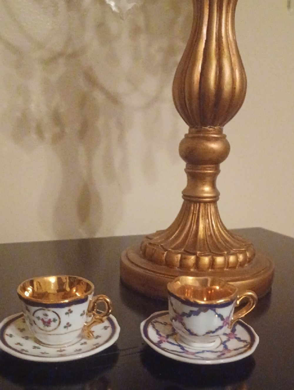 Gold-Trim Porcelain Demitasse Cups with Saucers (Set of 2)